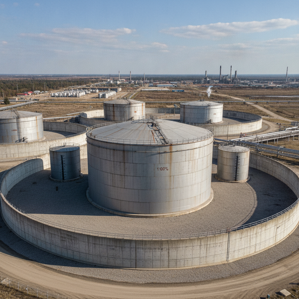 Oil storage tanks in a containment area with marked capacity levels.