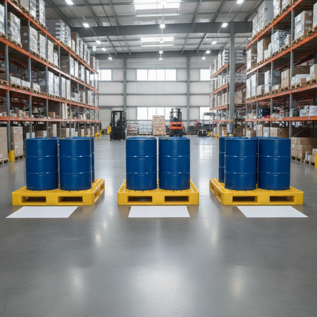 Comparison of 2-drum, 4-drum, and 6-drum pallets in a warehouse.