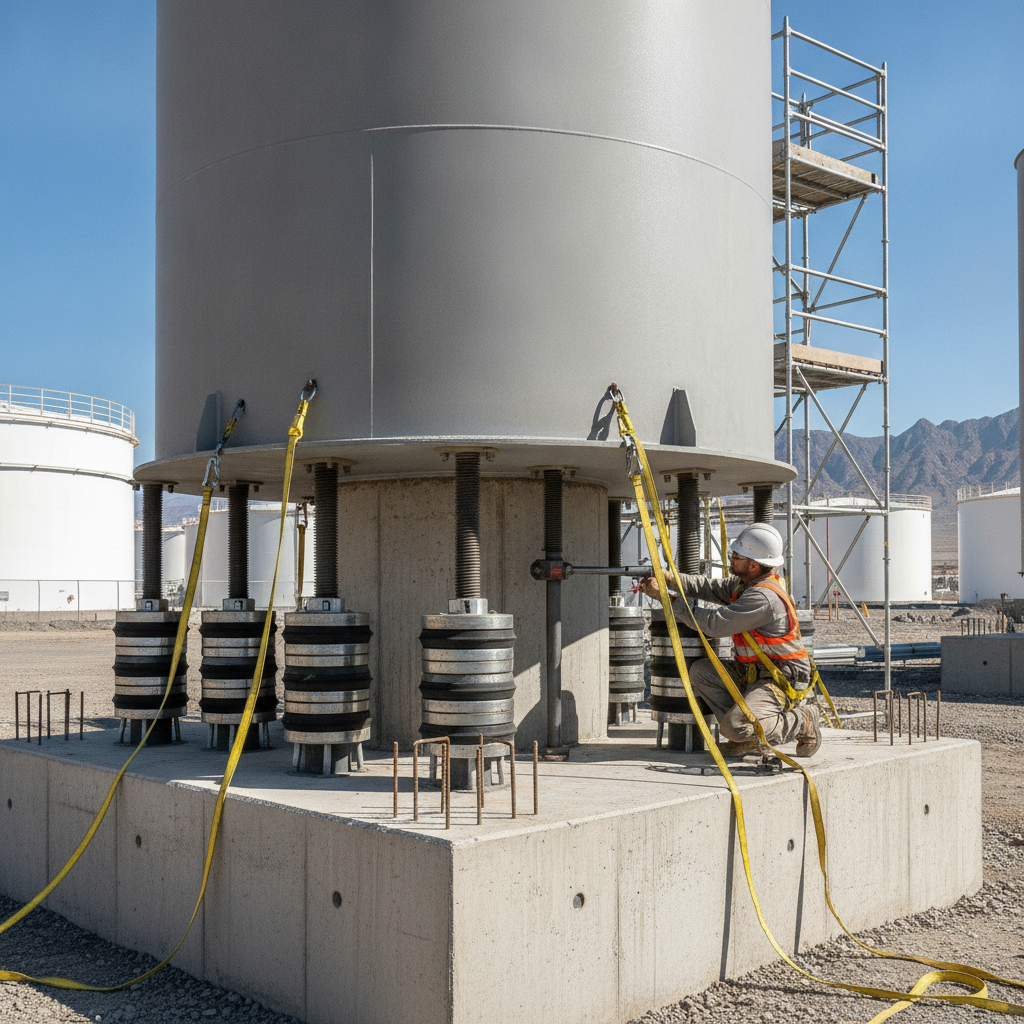 Engineer installing anchoring systems on AST tank.