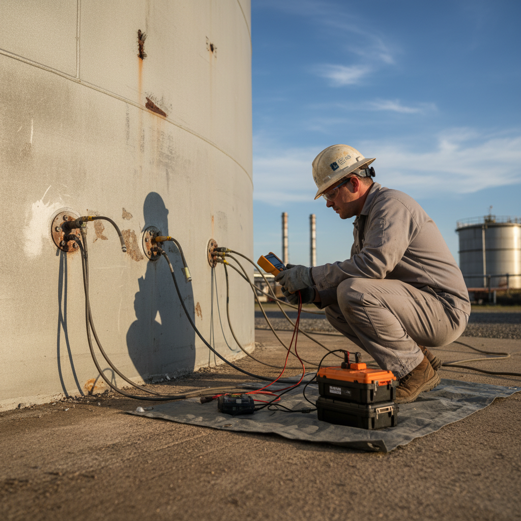 Technician testing storage tank for corrosion.
