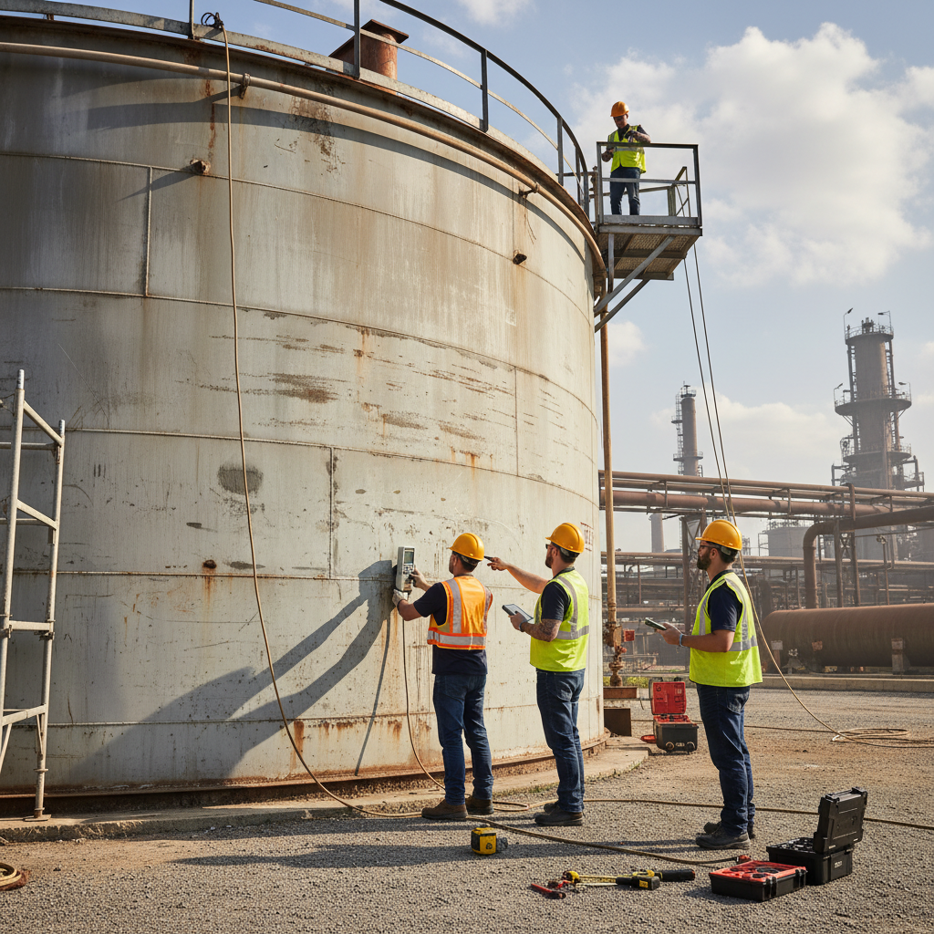 Inspectors checking a large steel storage tank for API 653 compliance.