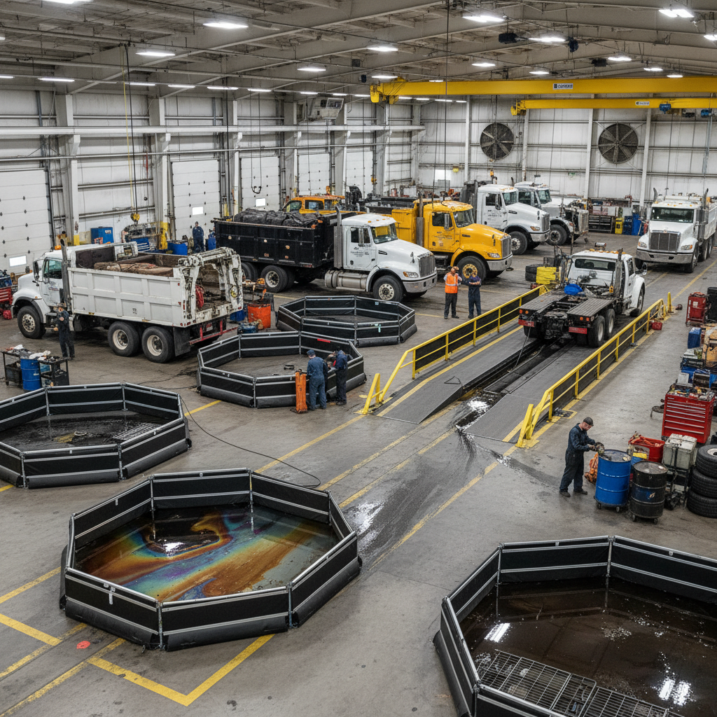 Vehicle maintenance area with spill berms containing fluid spills.