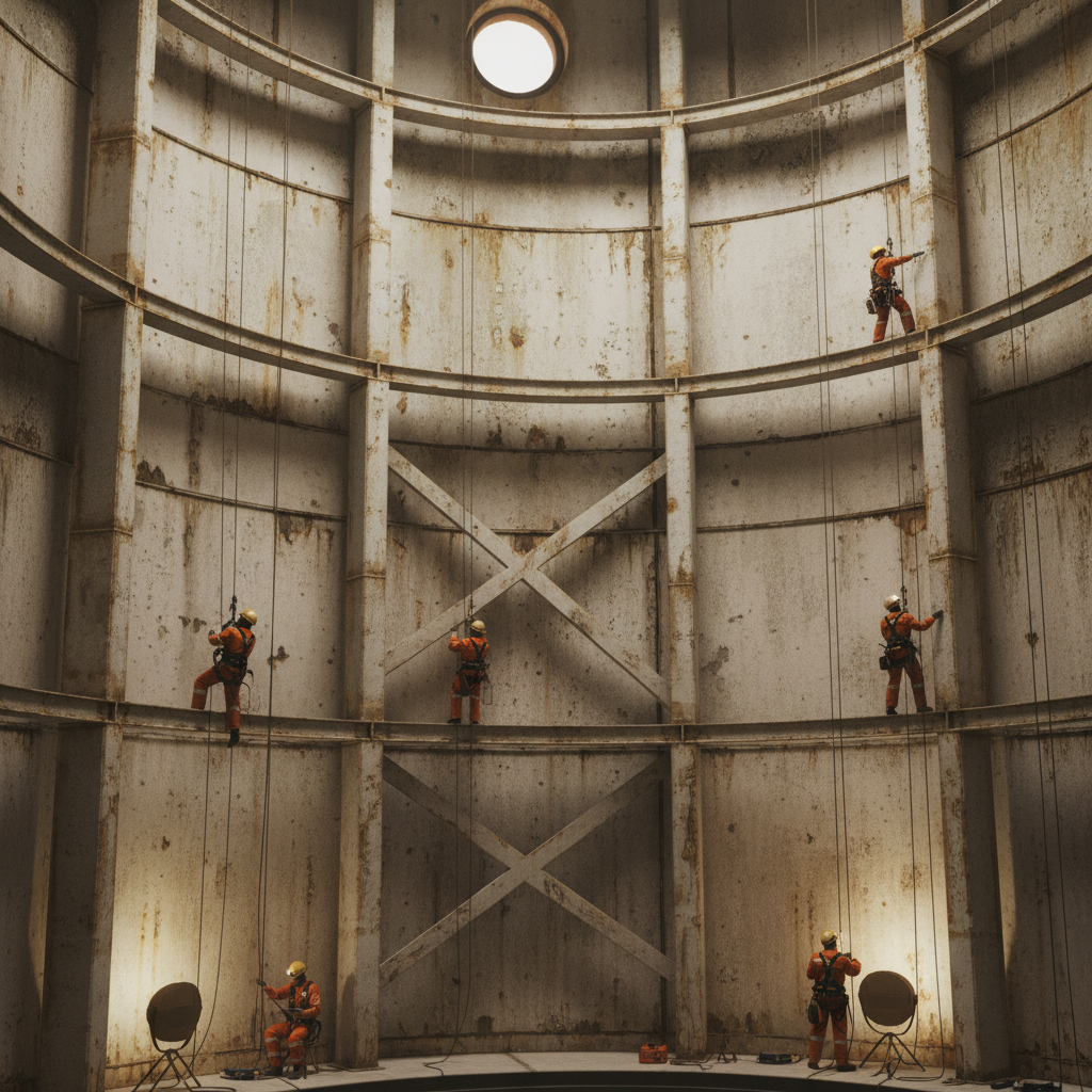Workers inspecting the interior of a storage tank.