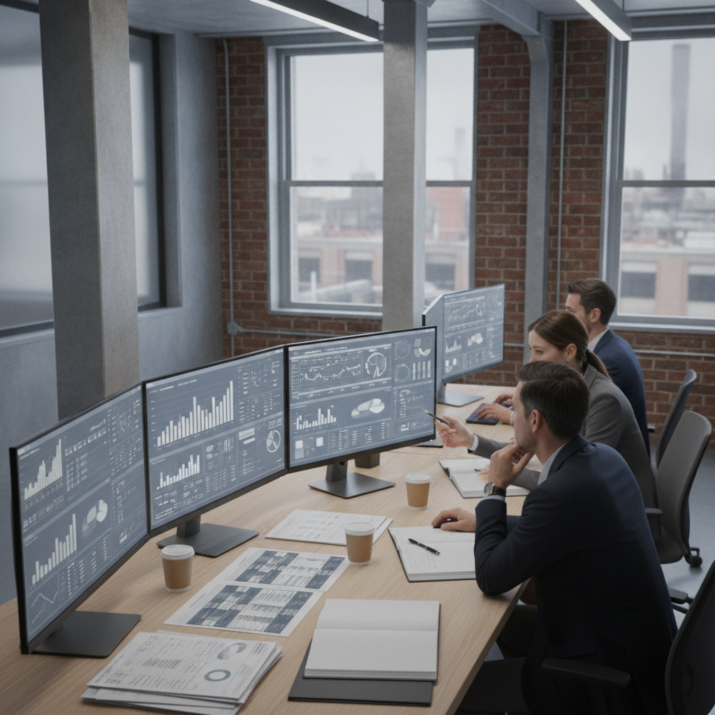 Analysts reviewing maintenance cost data on screens.