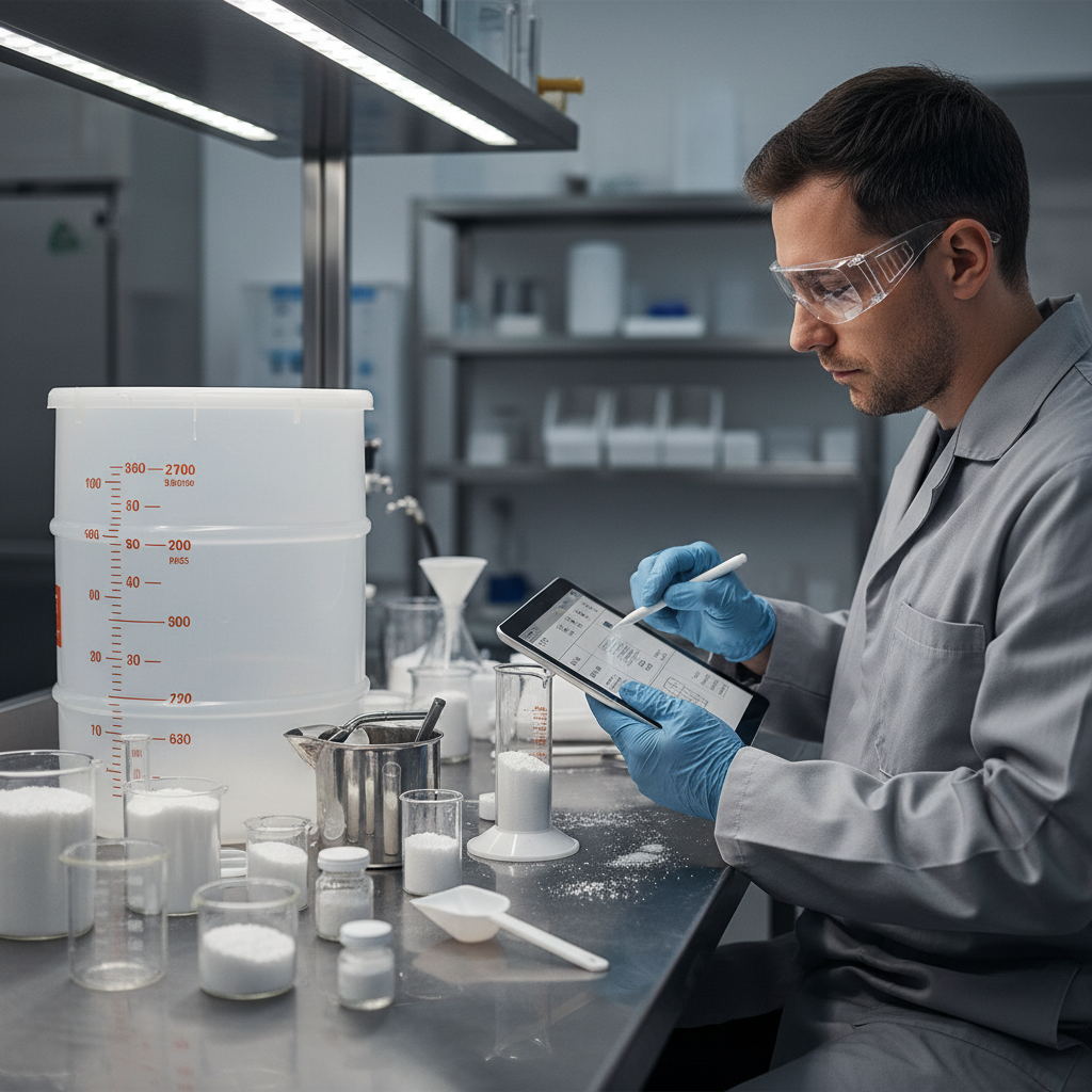 Technician calculating absorbent volumes with containers and tools in an industrial setting.