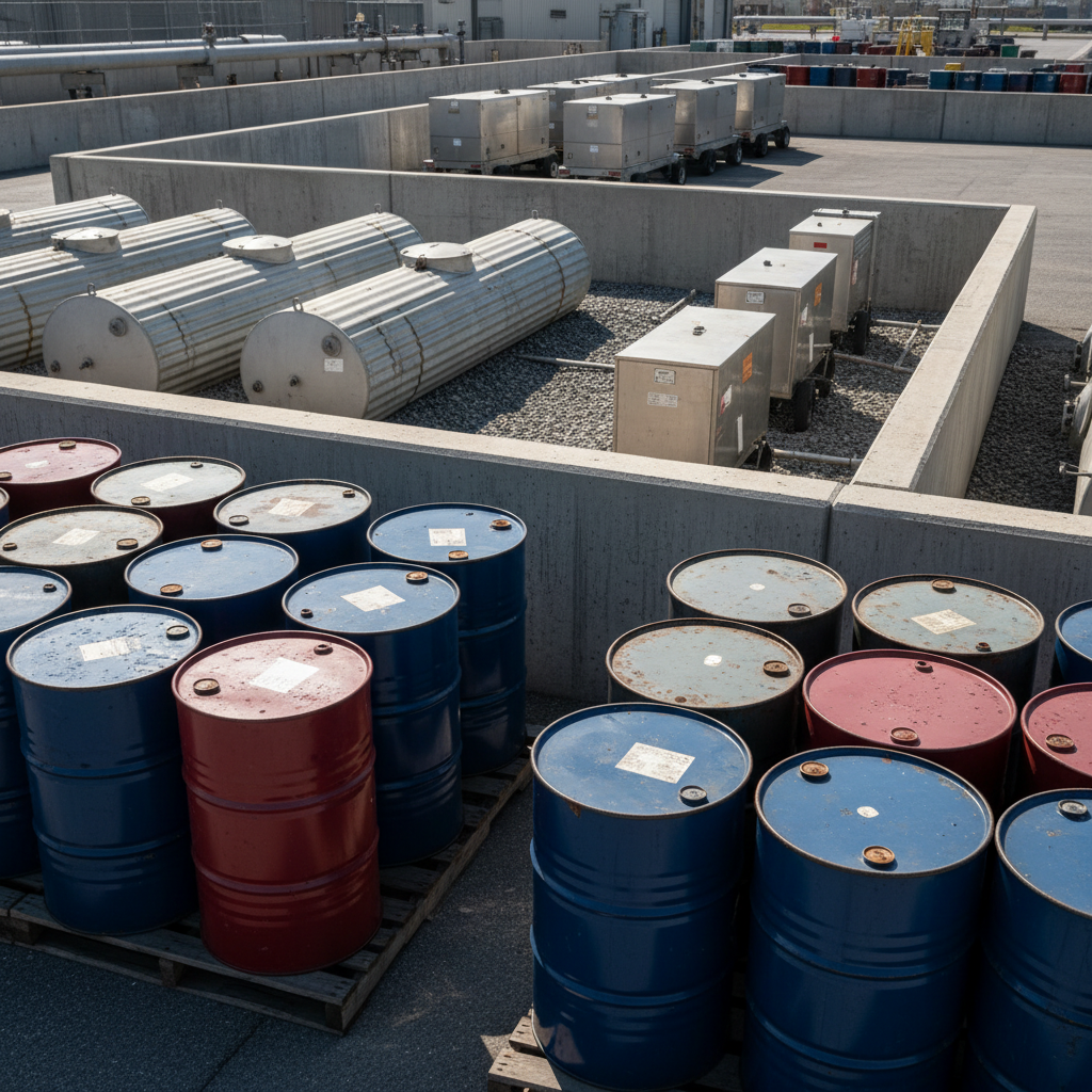 Transportation depot with various petroleum containers for SPCC calculation.