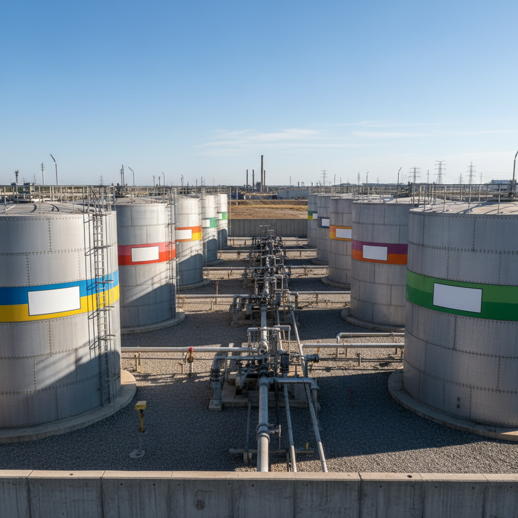 Various labeled petroleum tanks in a containment area, clear daylight.