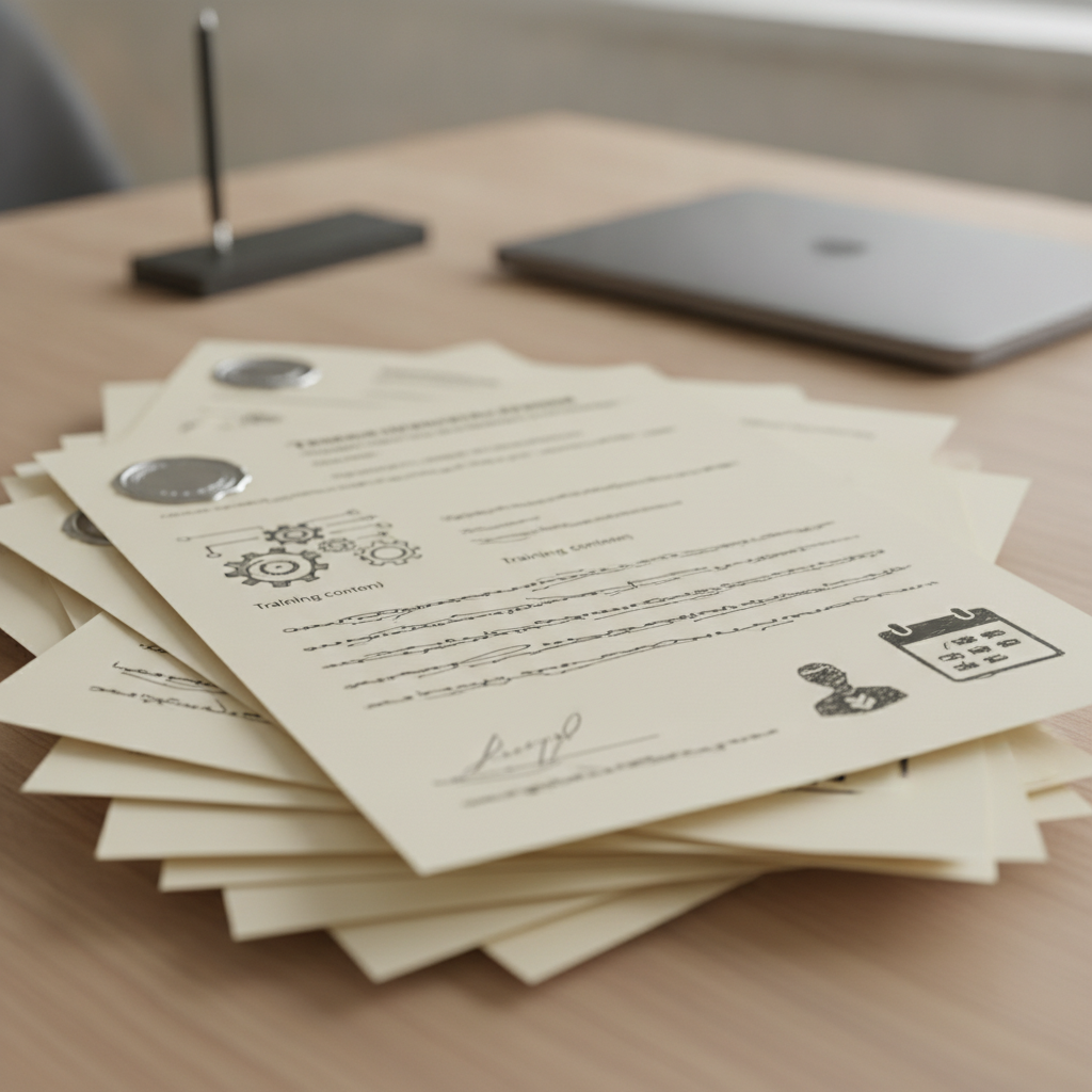 Desk with SPCC training completion certificates showing essential details.
