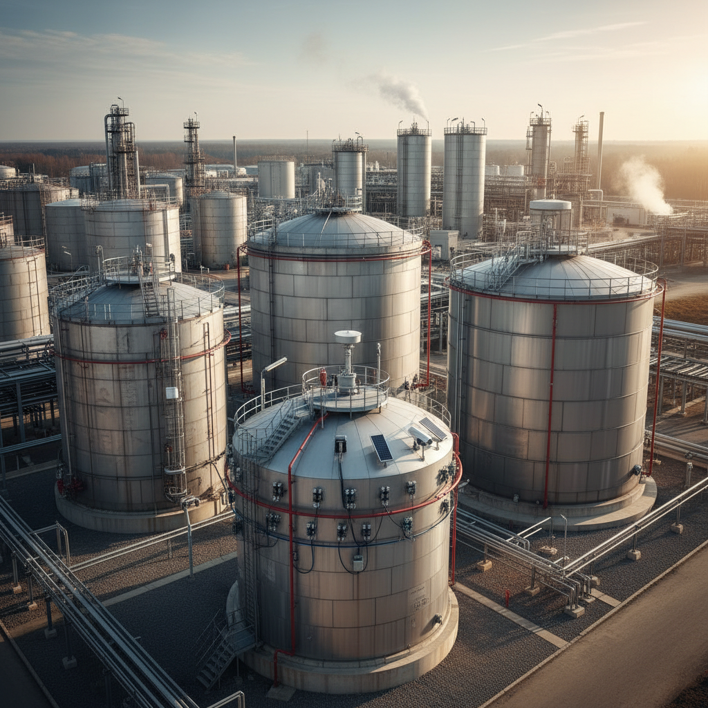 Diverse chemical tanks with various monitoring systems.
