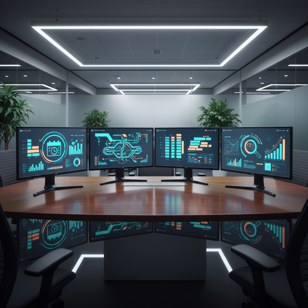Monitors displaying SPCC software features in an office setting.