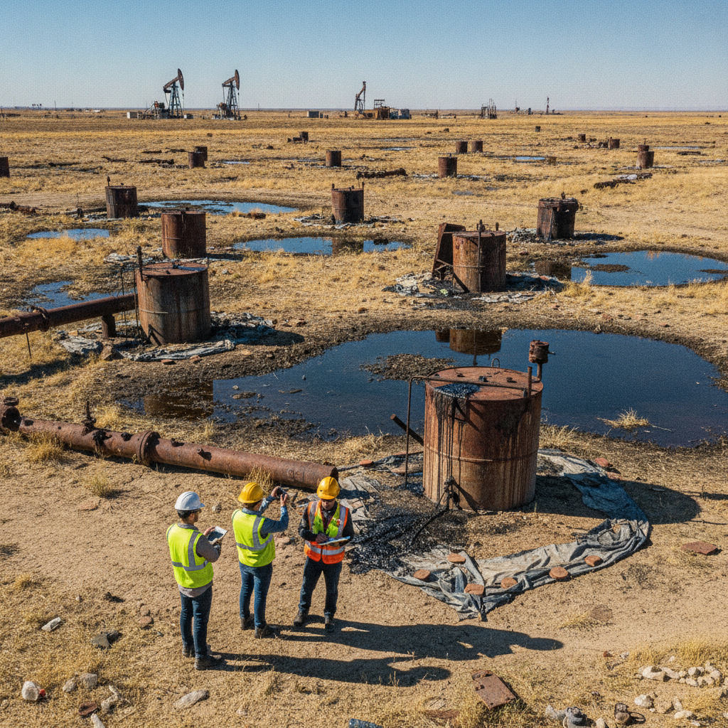 Oil field with inspectors documenting violations.
