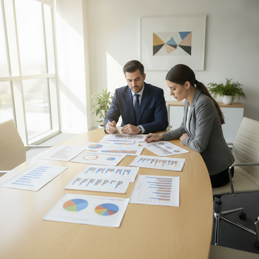 Consultants in office discussing documents on a table.