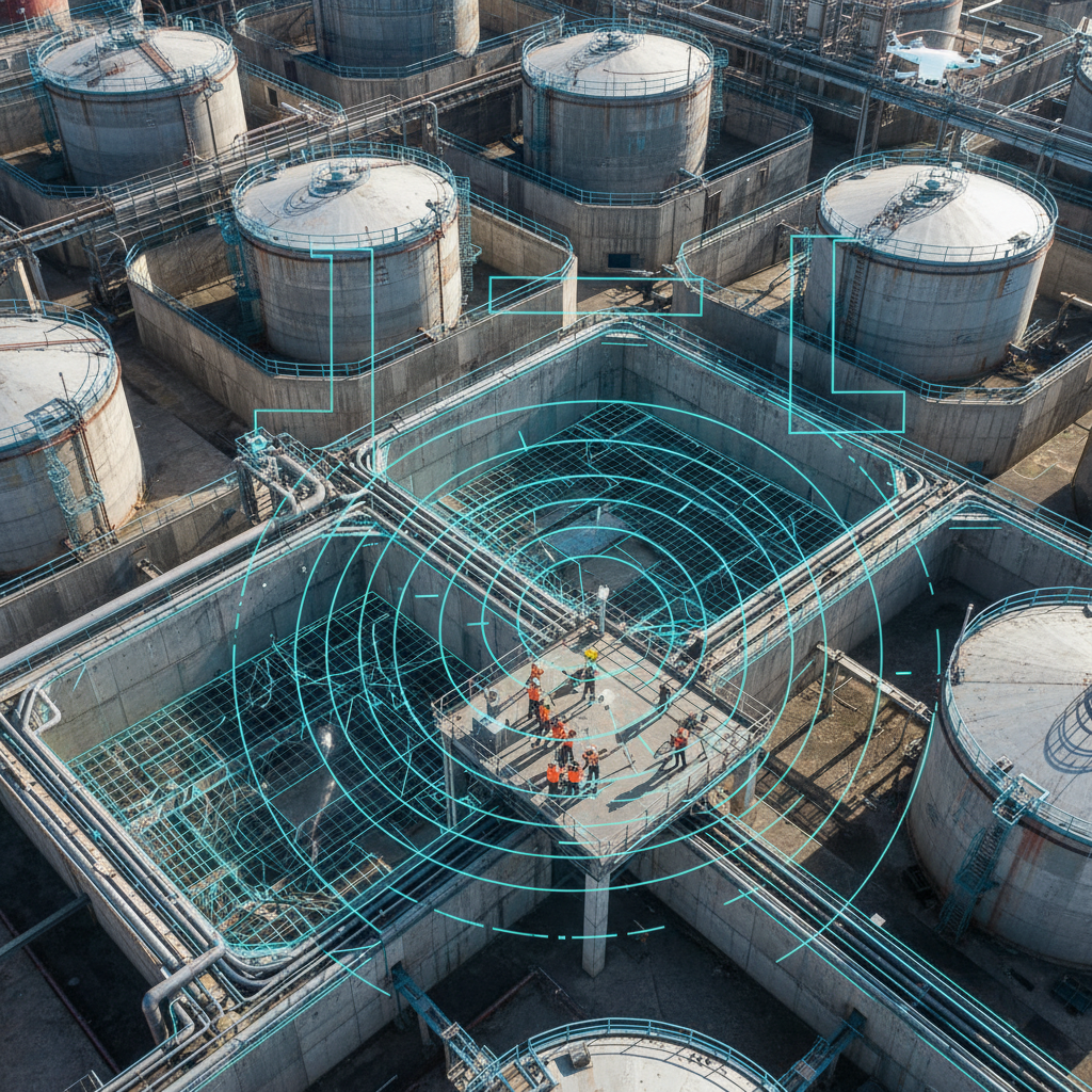 Aerial view of complex containment area with geometric overlays.