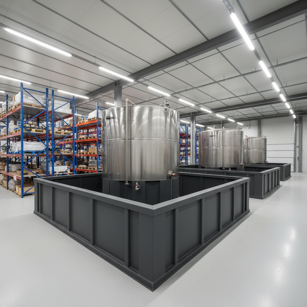 Containment systems with impervious materials in a warehouse.