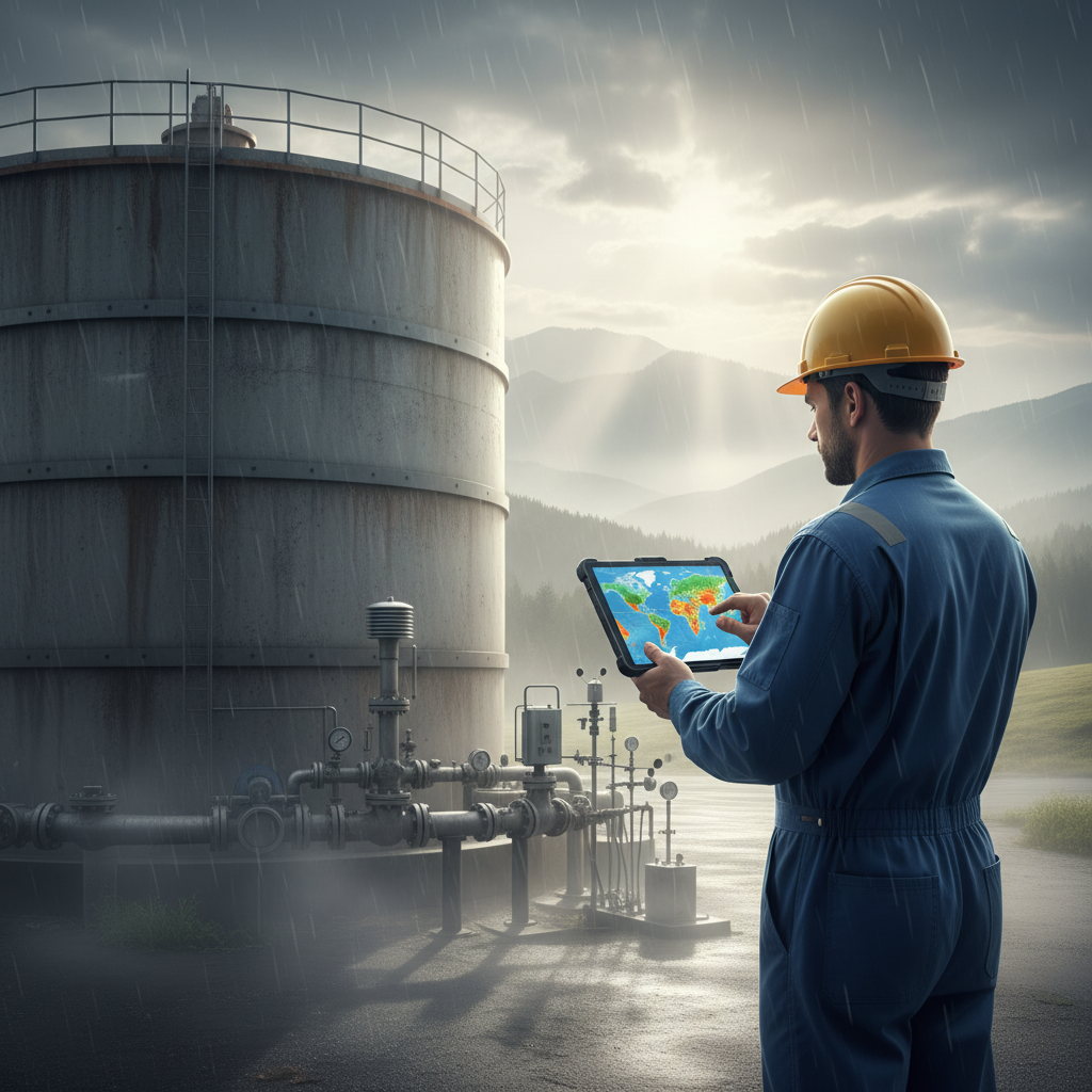 Technician with a tablet near a large tank, analyzing precipitation data.