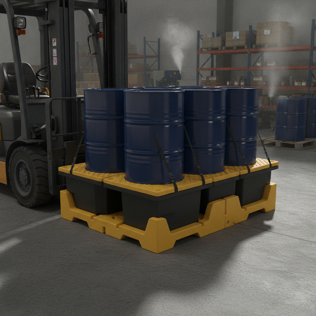 Spill containment pallet with oil drums in an industrial area.