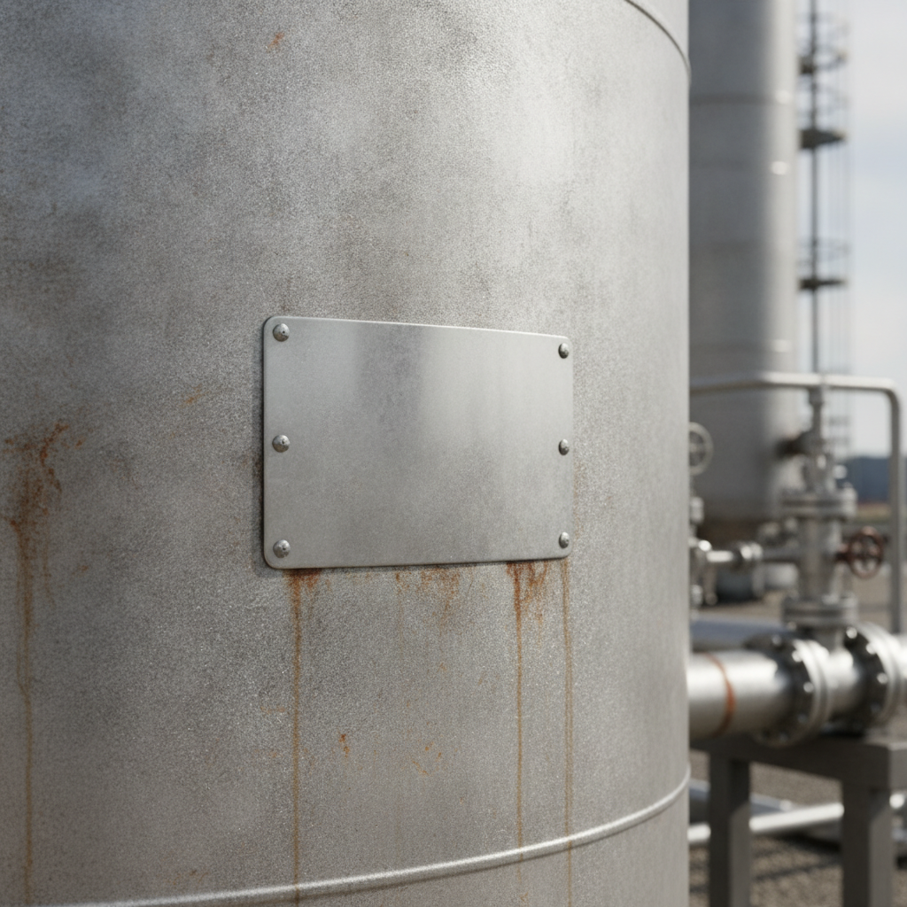 Close-up of tank label with DOT shipping names in industrial setting.