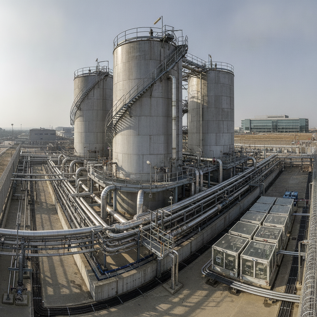 Industrial yard with many storage tanks and pipes.
