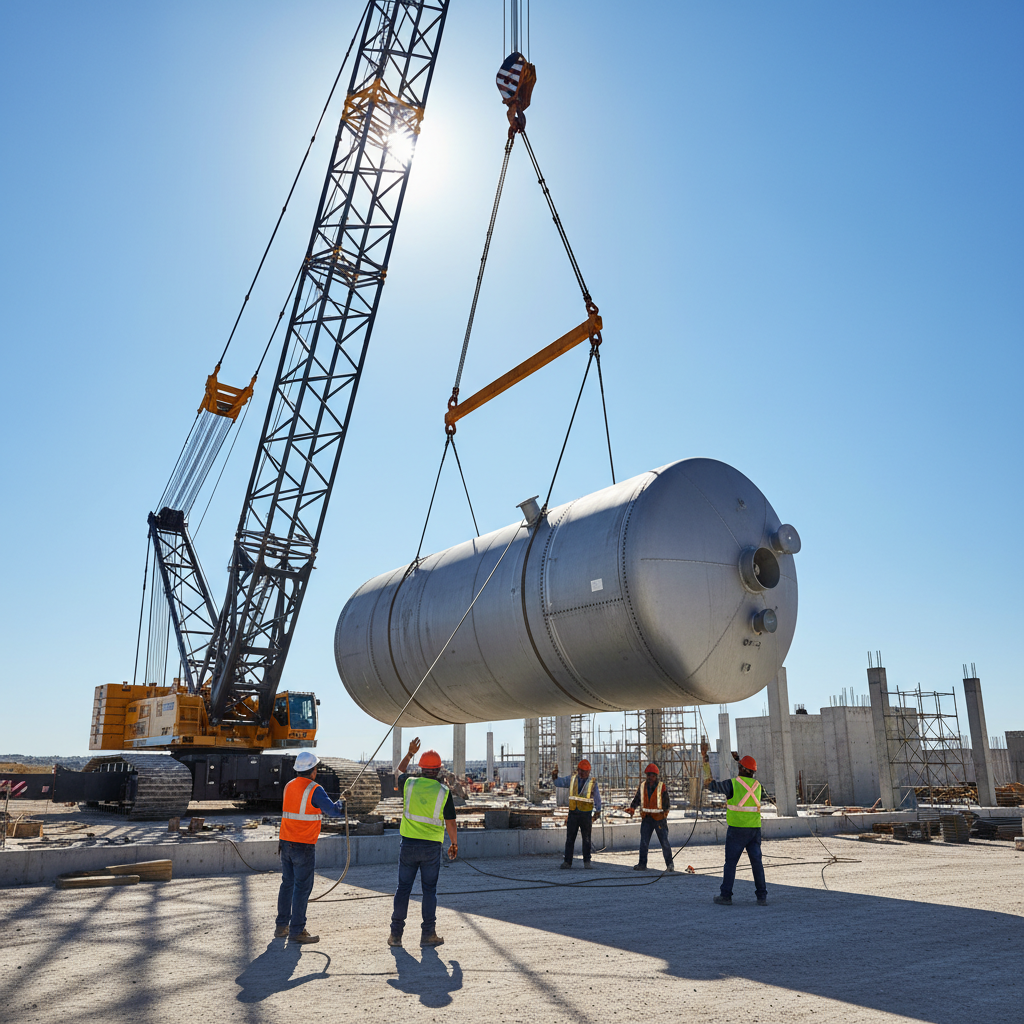 Crane lifting storage tank, workers guiding, clear sky.