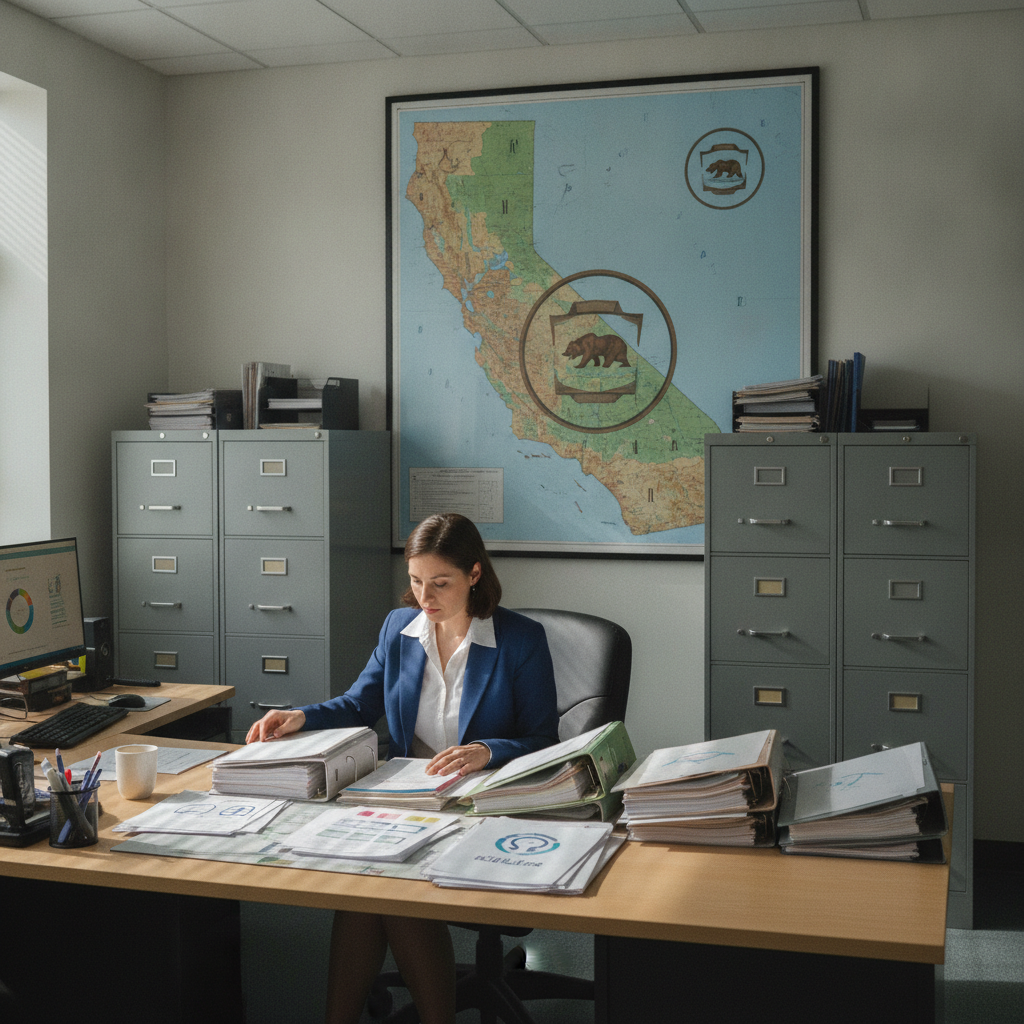 Agency representative reviews compliance documents in an office.