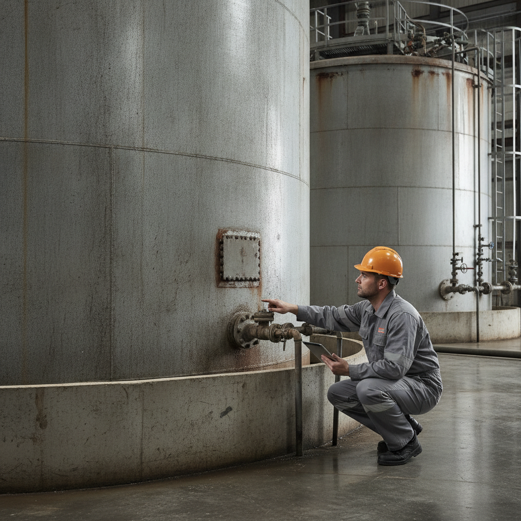 Facility operator inspecting an aboveground storage tank.