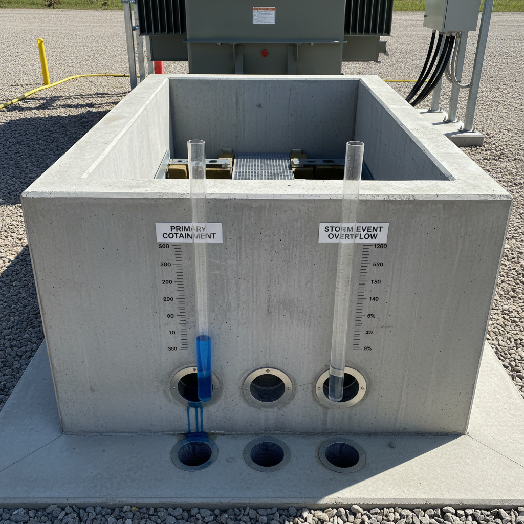 Transformer pad containment system with volume measurements.