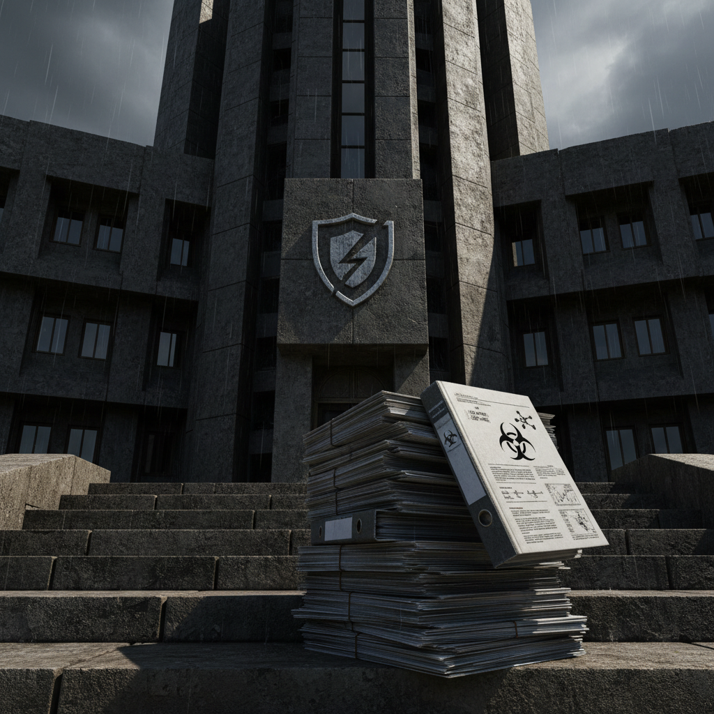 Government building with chemical reports on steps for emergency planning.