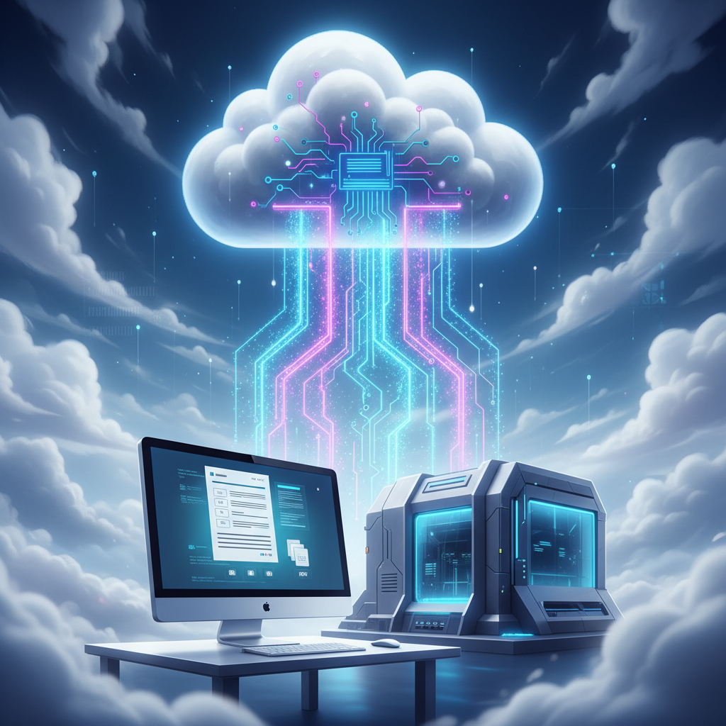 Cloud server icon with data streams to facility computer.