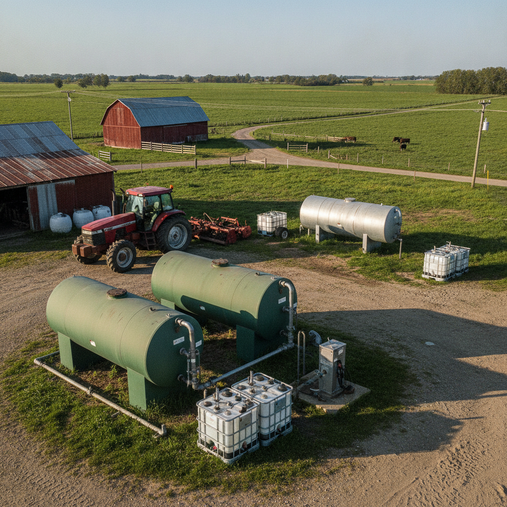 Farm with oil containers including diesel tanks in open landscape.