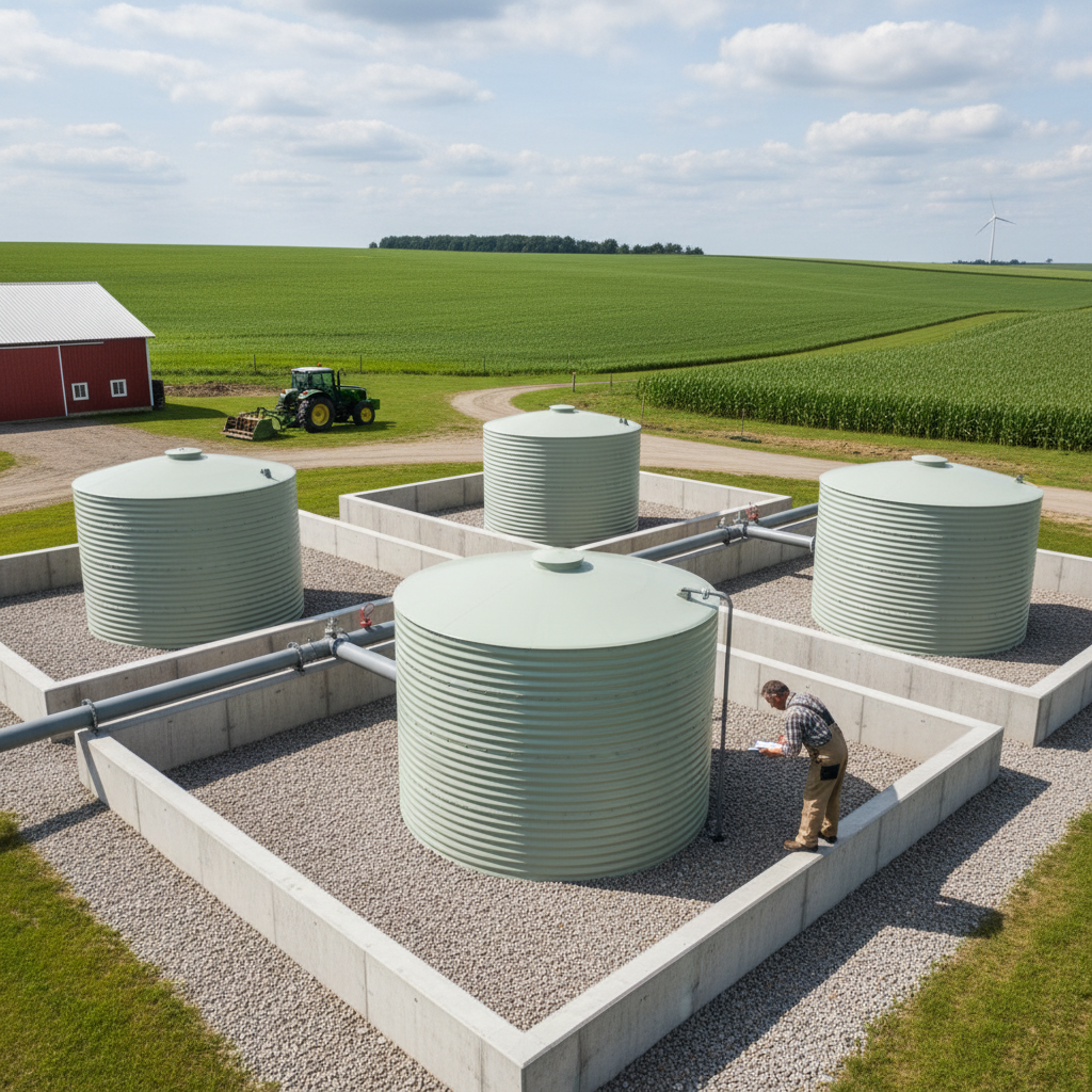 Farmer inspecting oil containers on a farm.