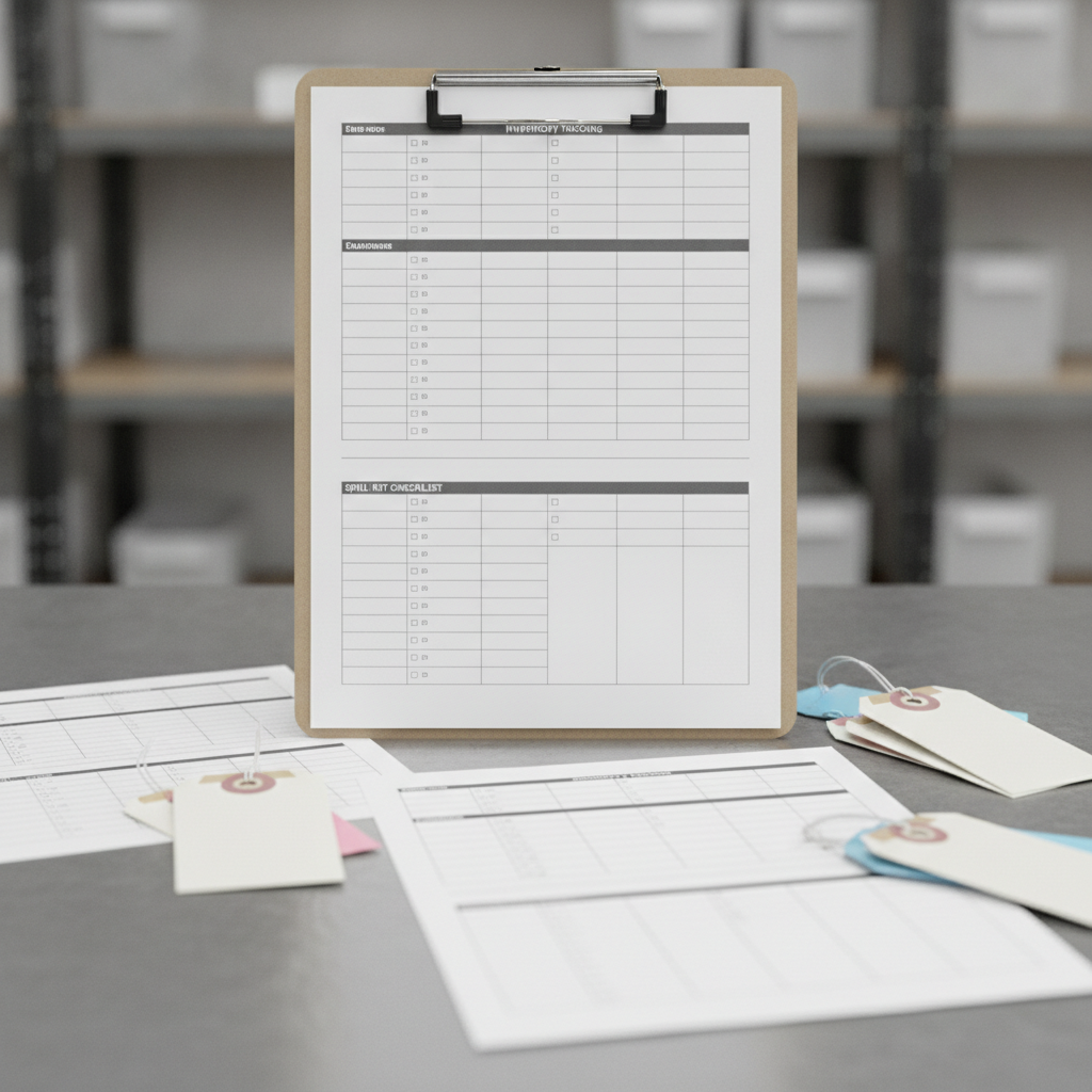 Clipboard with spill kit checklist, documents, and inspection tags in an indoor setting.