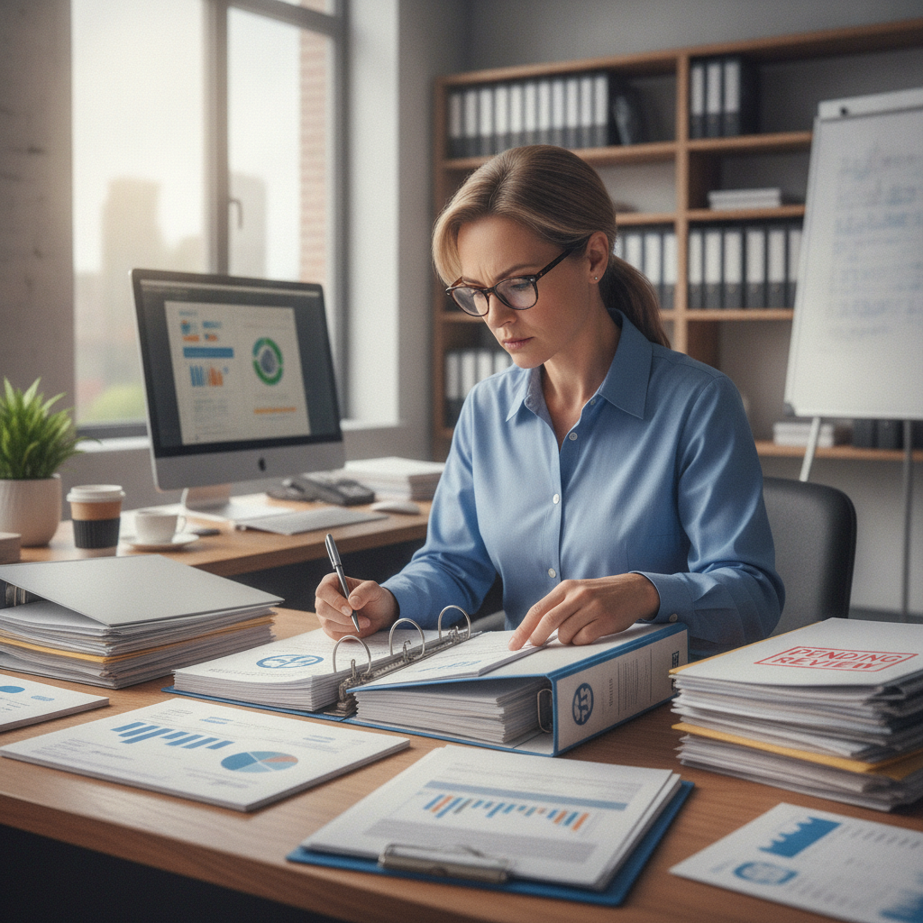 EPA inspector reviewing SPCC documentation at a desk.