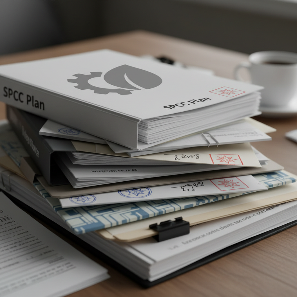 Stack of SPCC compliance documents with verification stamps and notes.