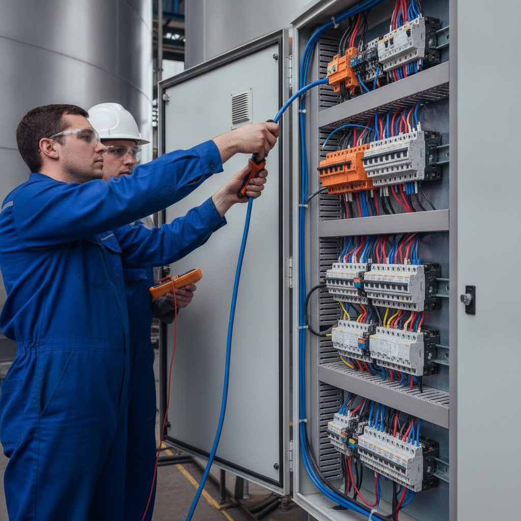 Electricians upgrading panel for monitoring systems, wires visible.