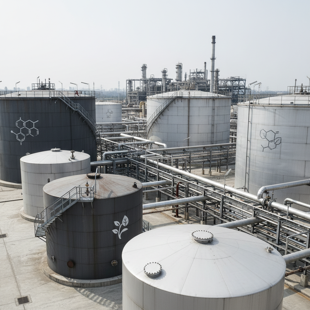 Oil storage tanks labeled with different oil types in facility.