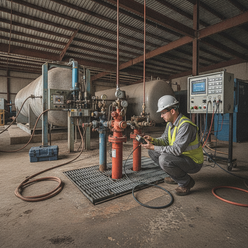 Technician testing underground tank for EPA compliance.