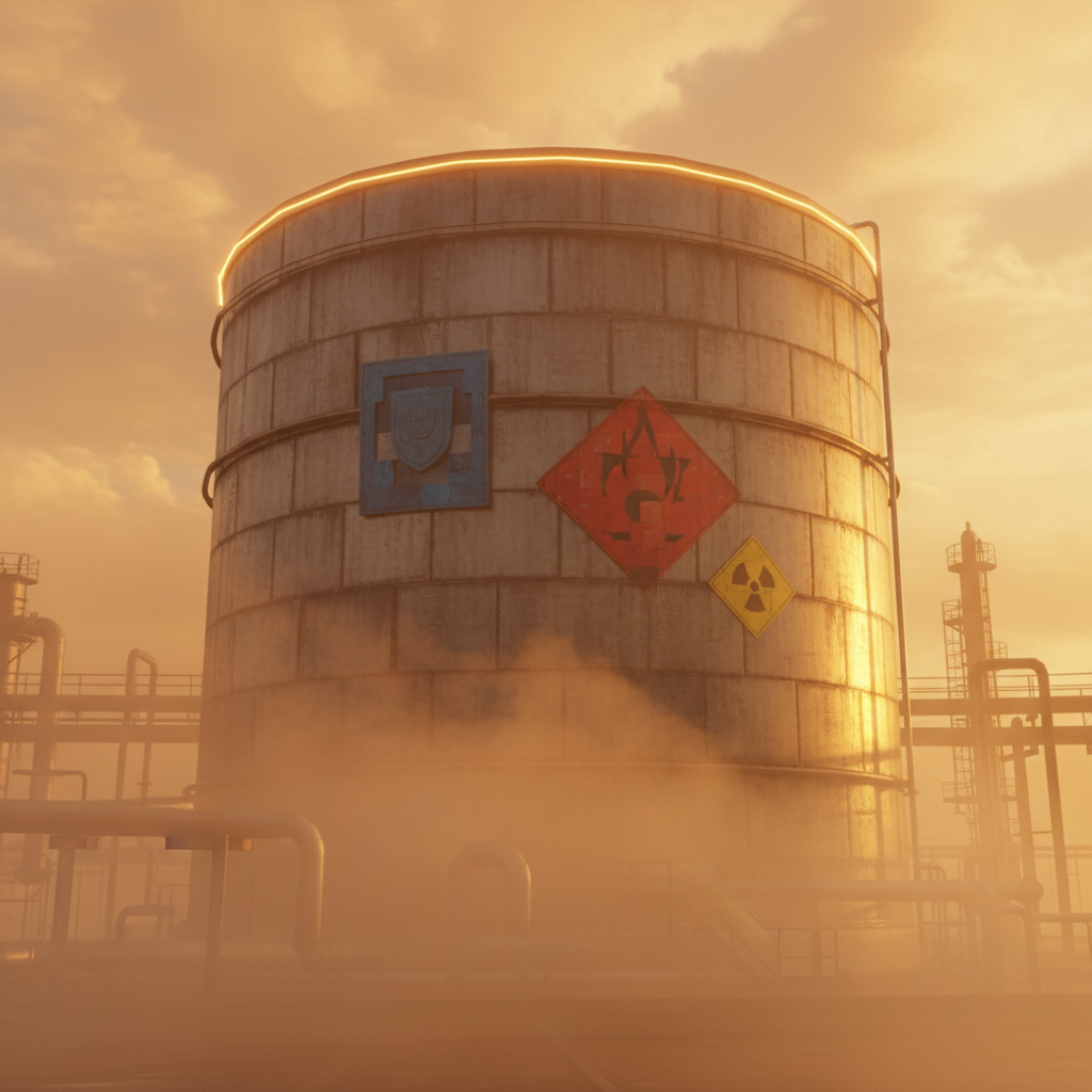 Large storage tank with SPCC, OSHA, and NFPA labels in dramatic industrial setting.
