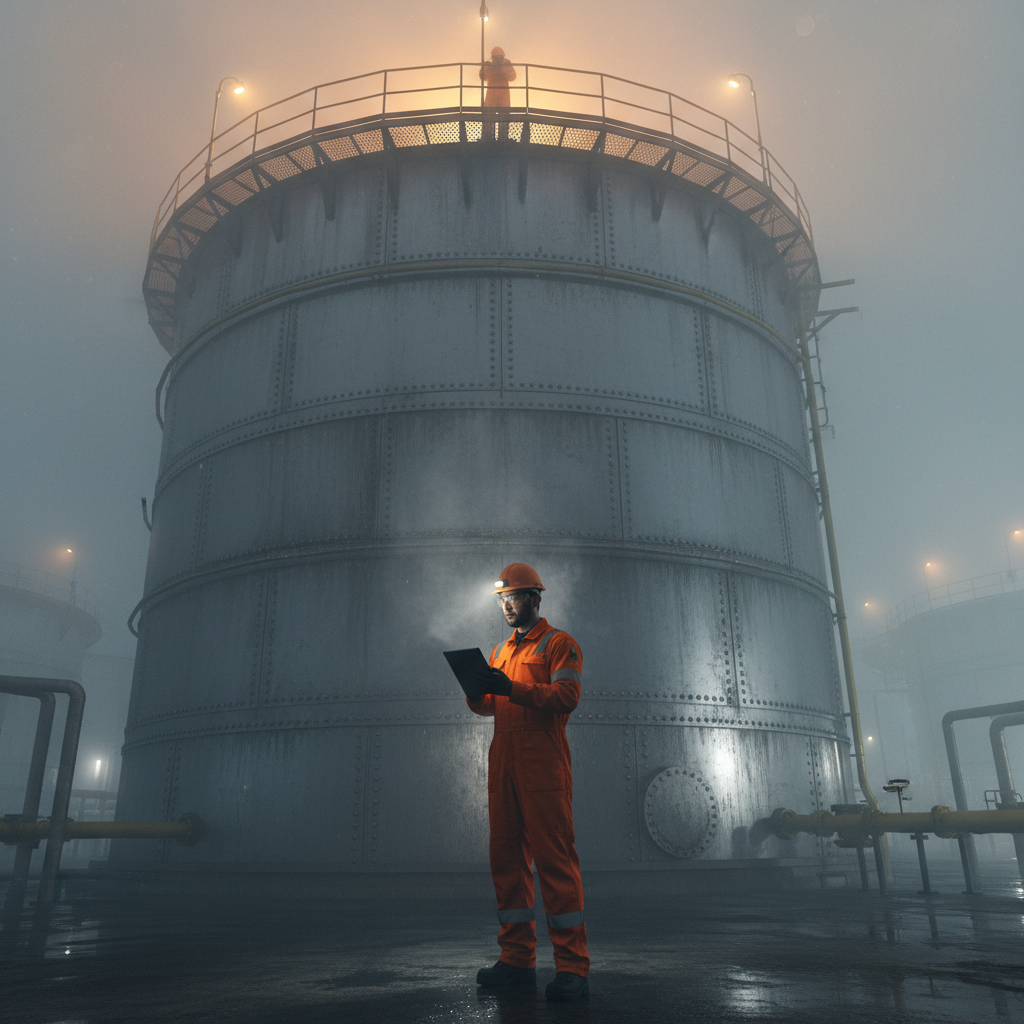 An operator inspects a large storage tank with dramatic lighting and fog.