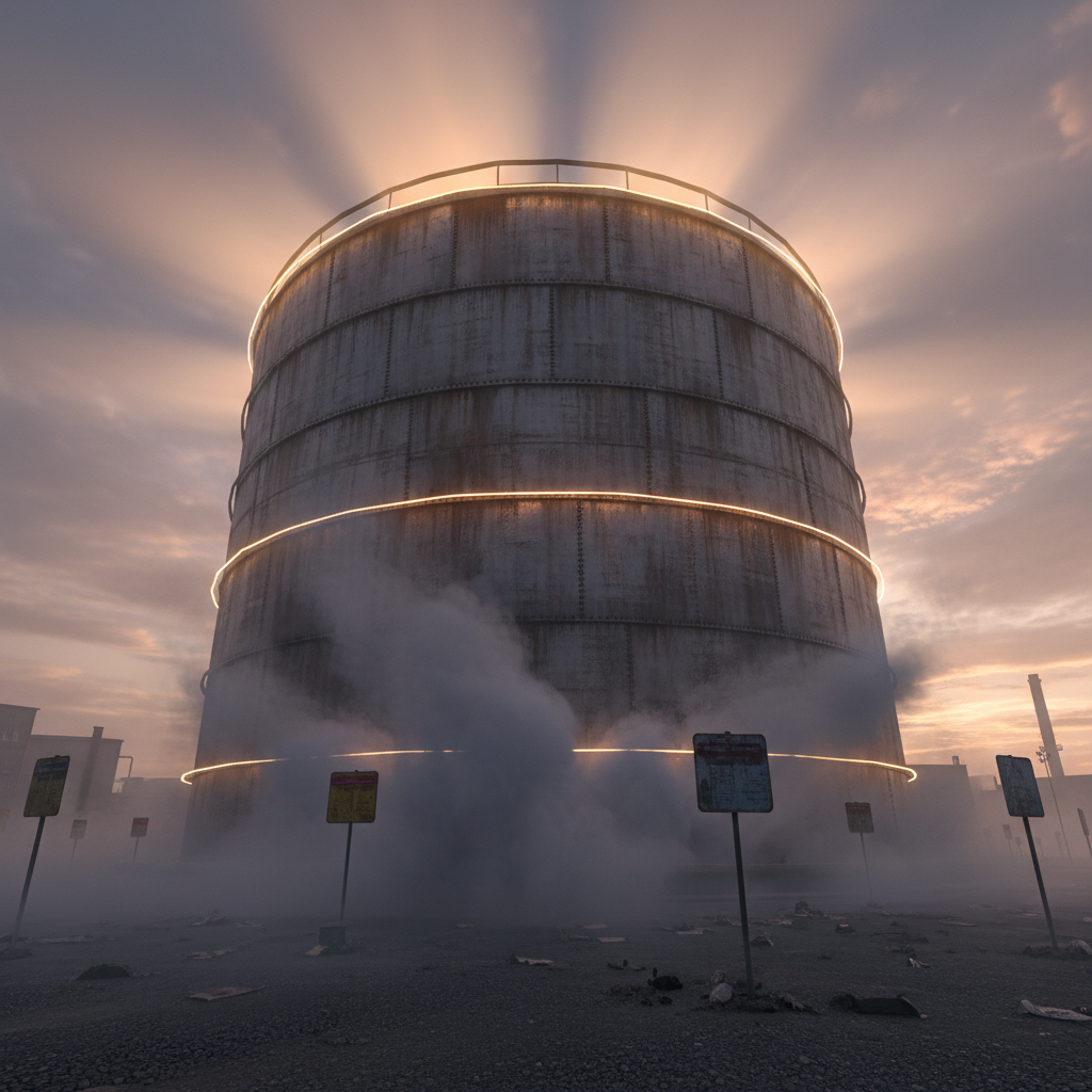 Aboveground oil storage tank with signs in dramatic lighting and fog.