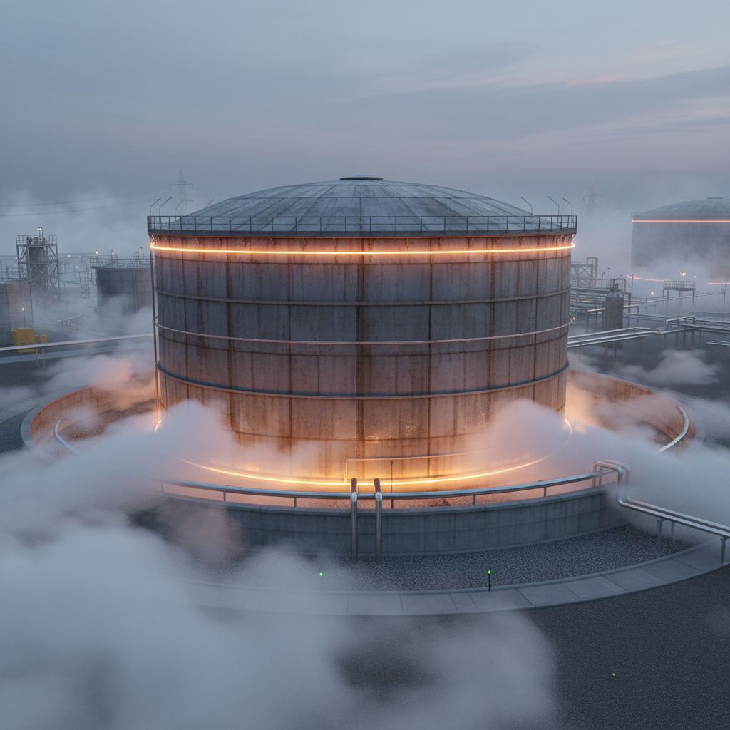 Large aboveground storage tank with dramatic lighting and fog, emphasizing compliance themes.
