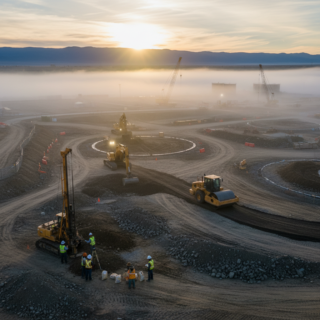 Construction site with soil testing and grading, workers preparing ground.