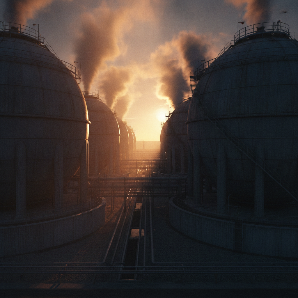 Industrial facility with large storage tanks and dramatic lighting.