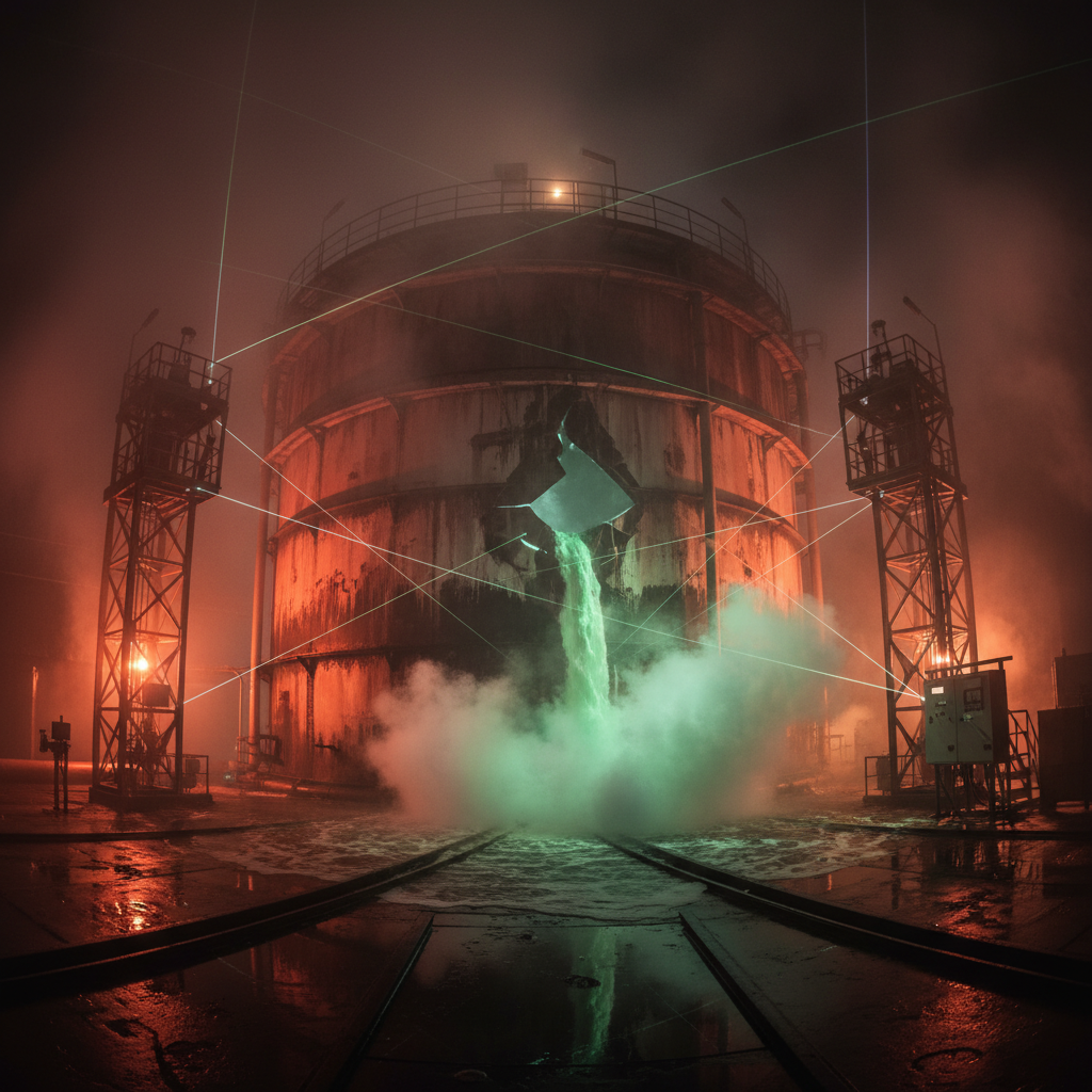 Chemical storage tank with leak detection in dramatic lighting and fog.