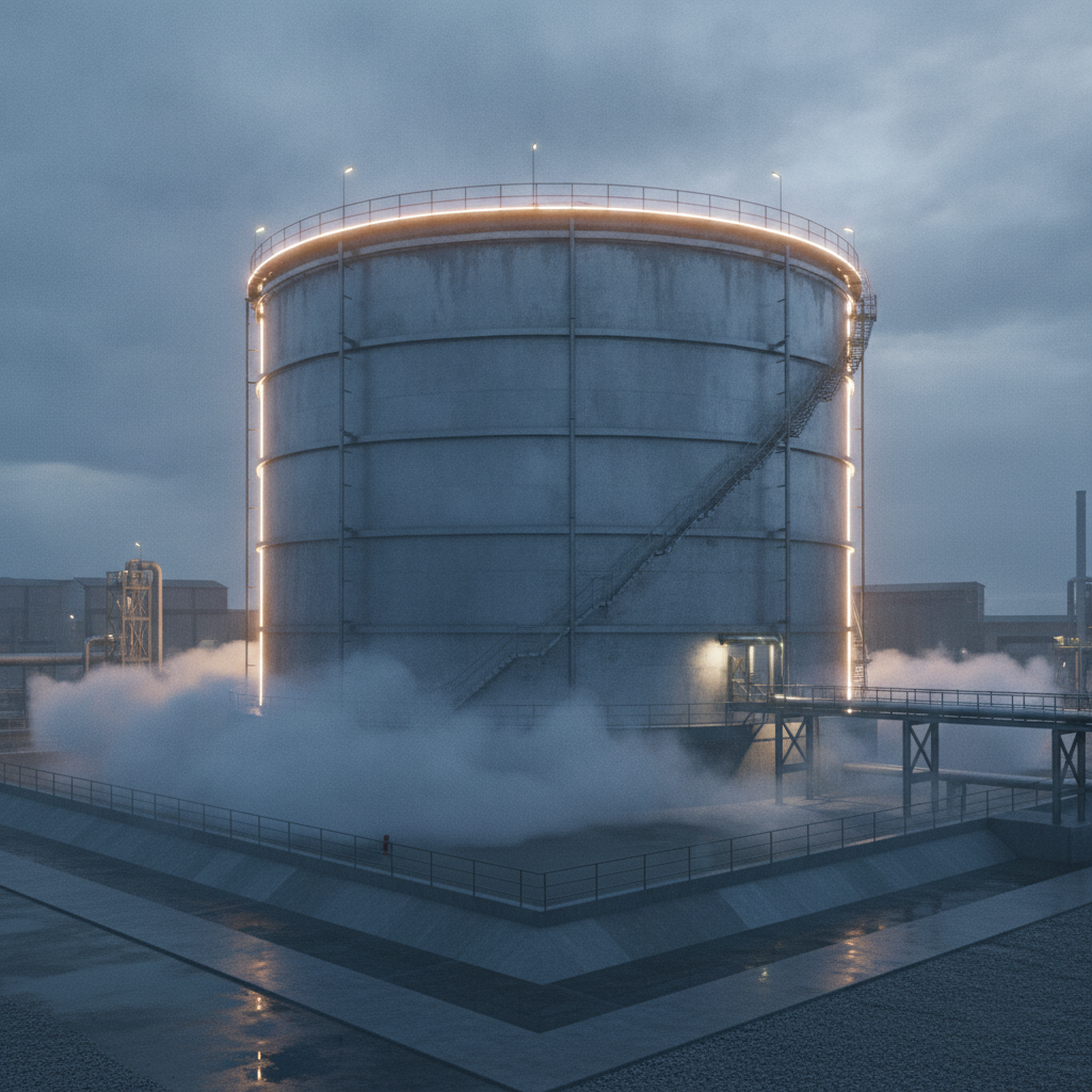 Double-wall storage tank with outer shell and fog in a facility.