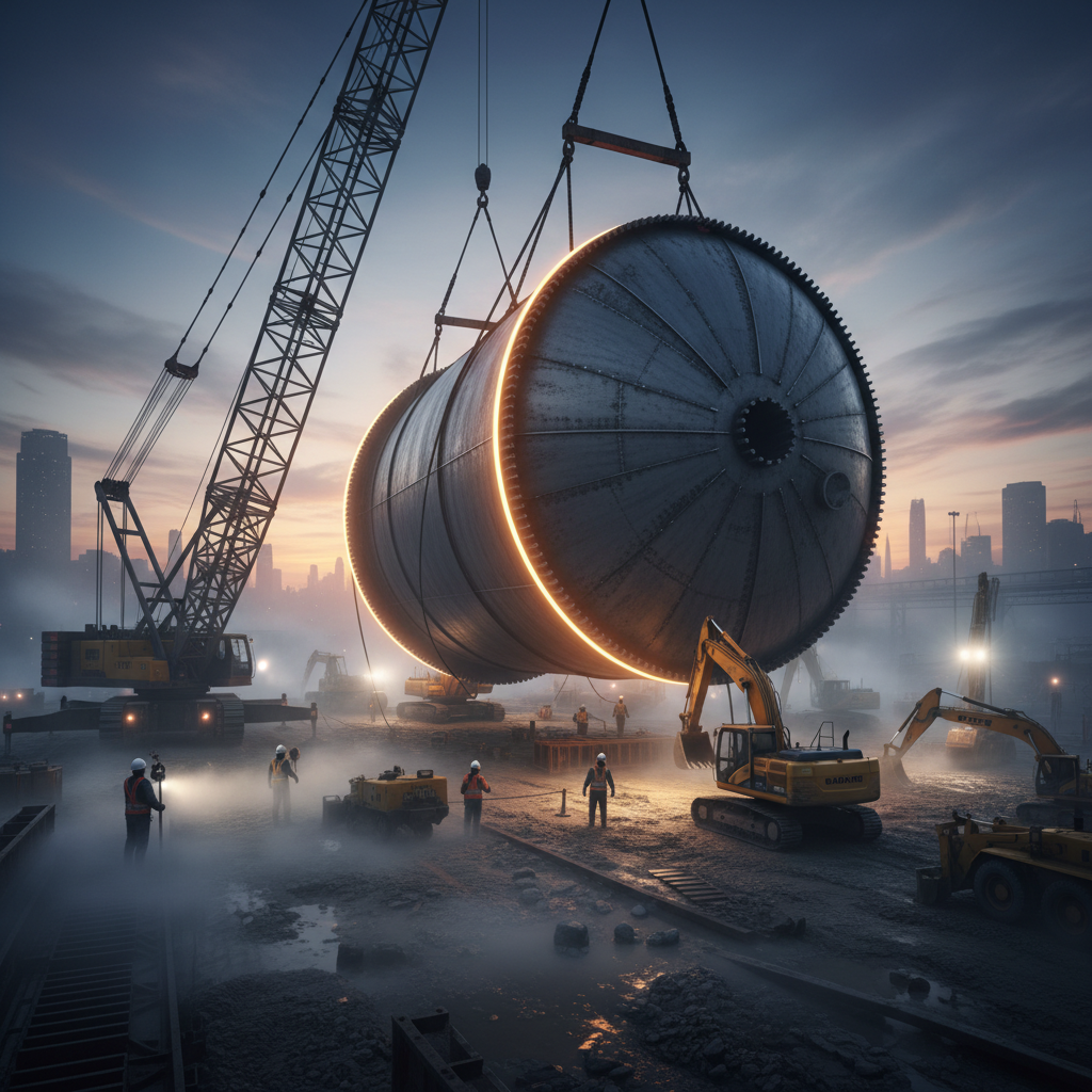 Construction site with large tank installation, dramatic lighting, twilight setting.