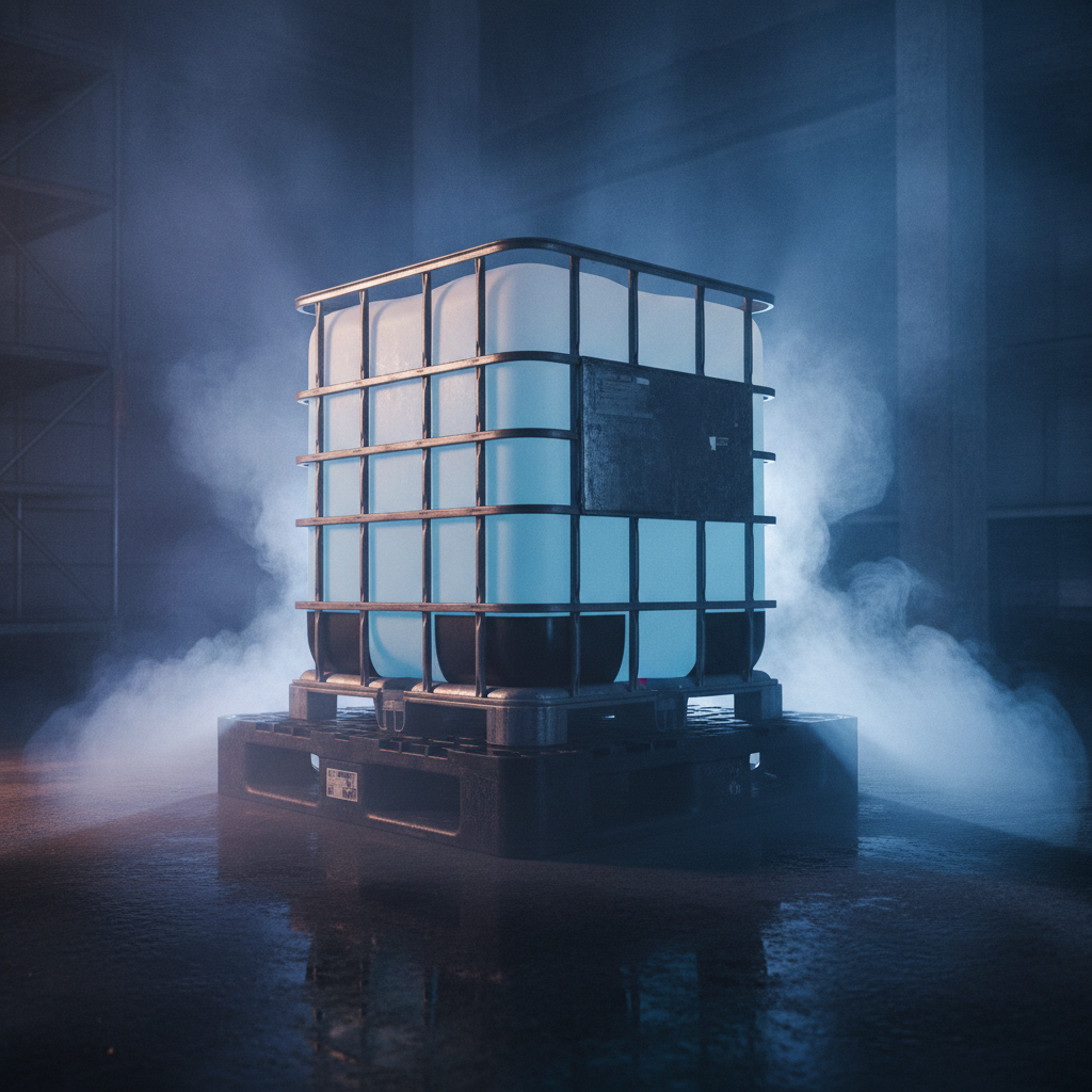 IBC tote on a spill containment pallet in dramatic lighting and fog.