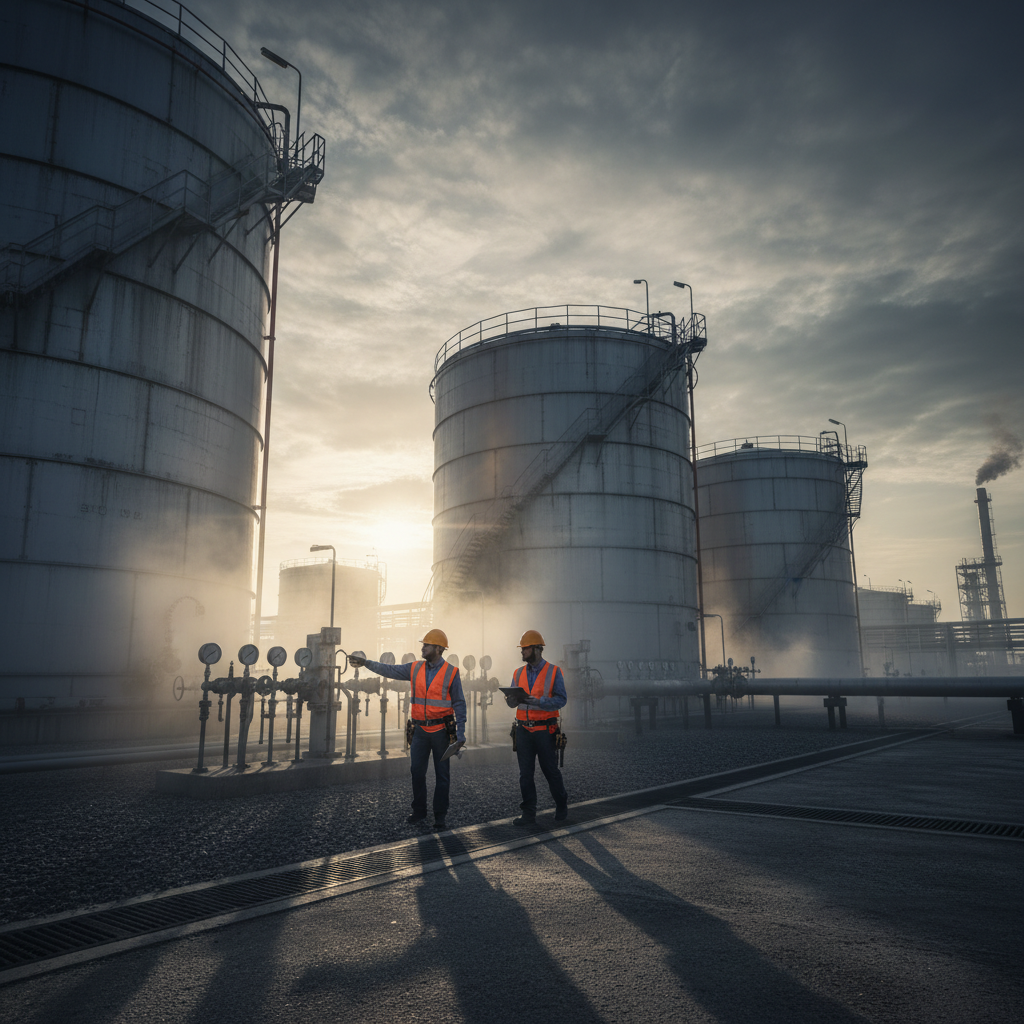 Inspectors at a large petroleum storage facility with dramatic lighting.
