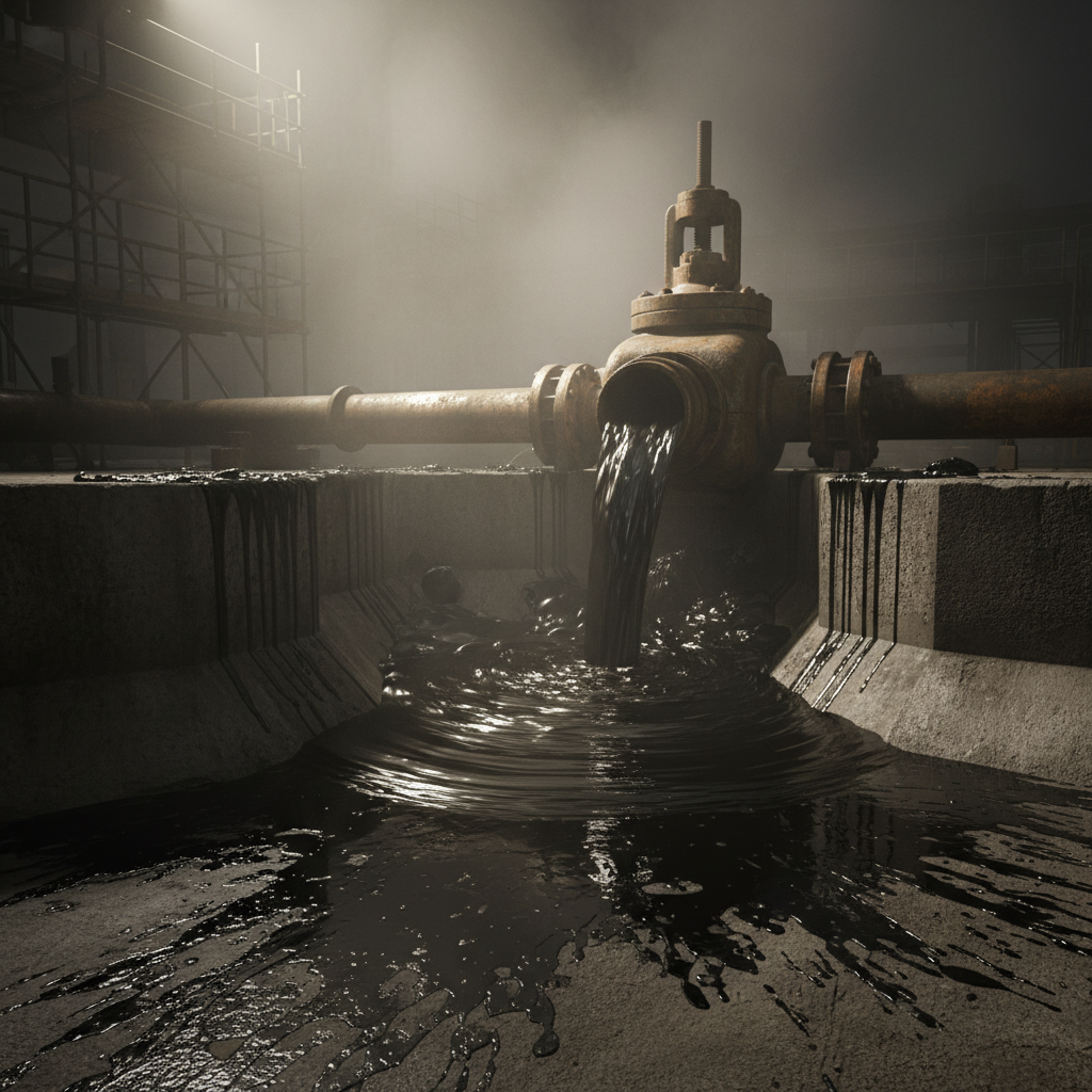 Open drain valve leaking oil, dramatic lighting, detailed textures.