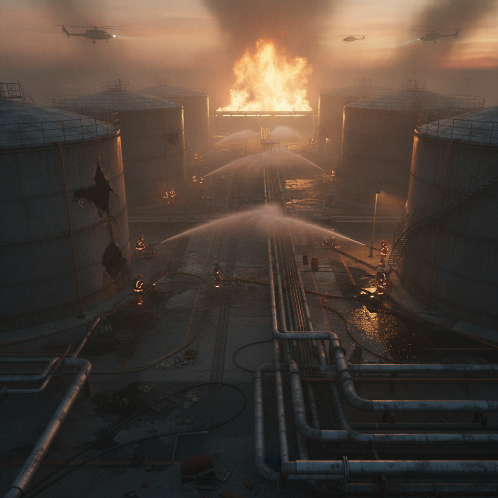 Emergency team at oil storage facility with dramatic lighting and fog.