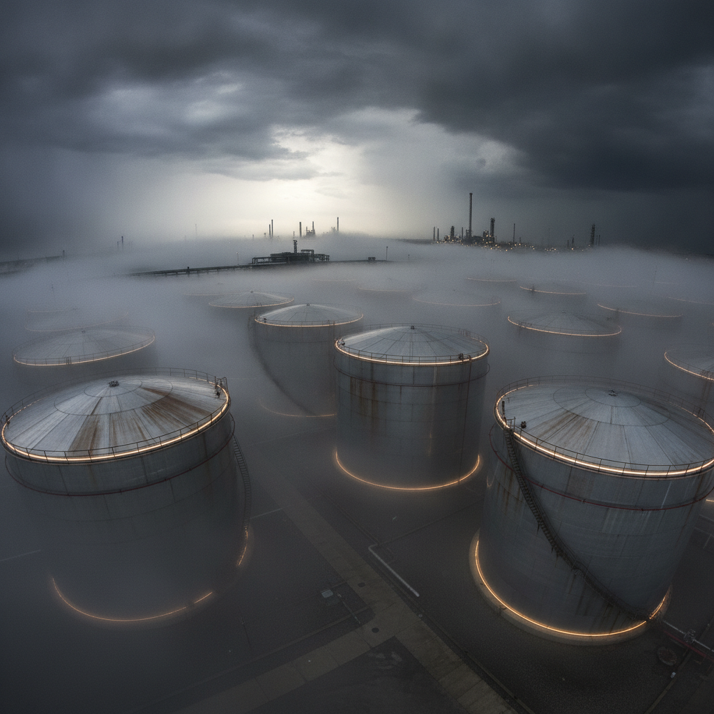 Industrial facility with large storage tanks under foggy, stormy skies.